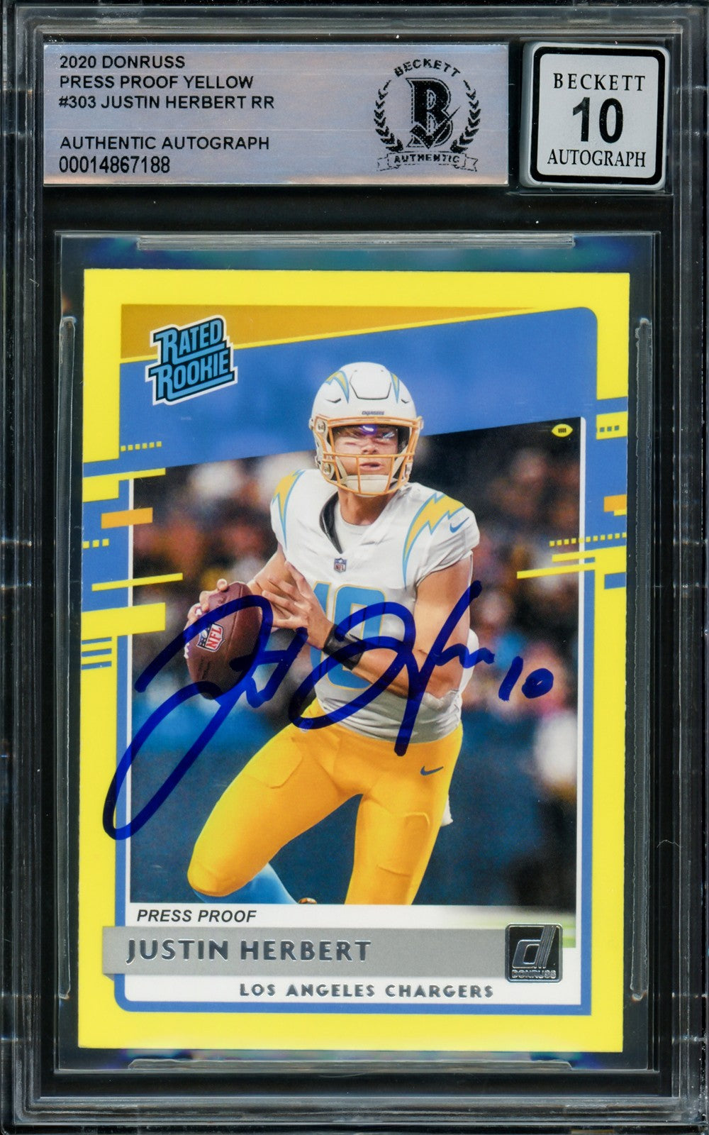 Justin Herbert Signed 2020 Panini Donruss Rated Yellow RC 303 Sig 10 Beckett