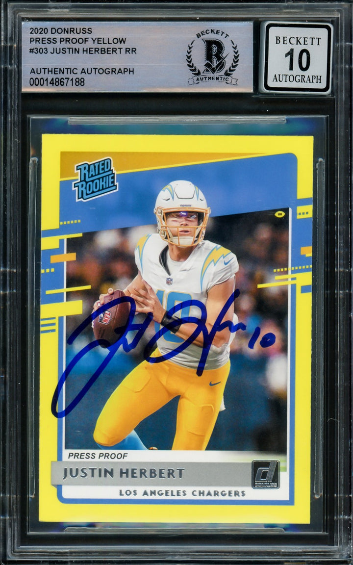 Justin Herbert Signed 2020 Panini Donruss Rated Yellow RC 303 Sig 10 Beckett
