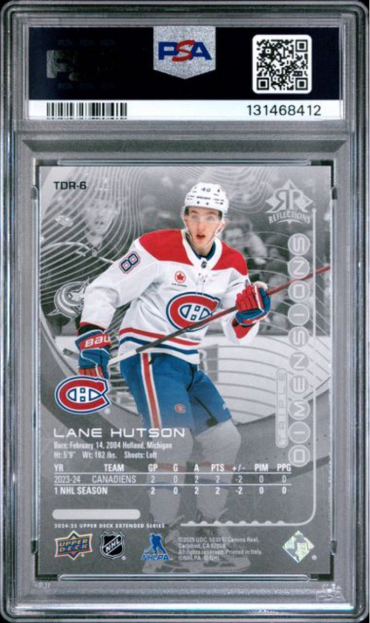 Graded 2024 UD Lane Hutson #TDR6 TPL Dimensions Reflections Hockey Card PSA 10