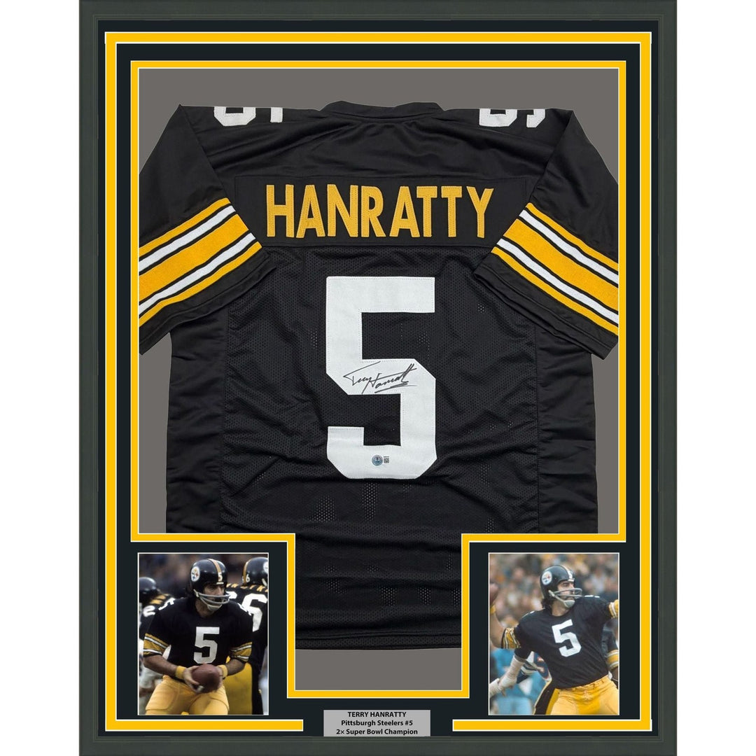 Framed Signed Terry Hanratty 35x39 Pittsburgh Black Jersey Beckett BAS COA