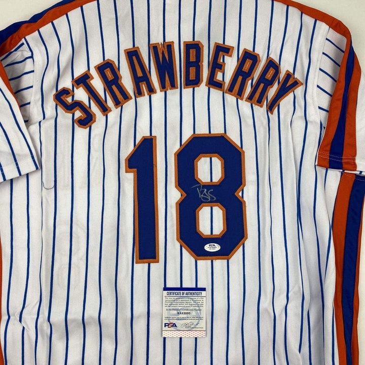 Autographed/Signed DARRYL STRAWBERRY New York Pinstripe Jersey PSA COA