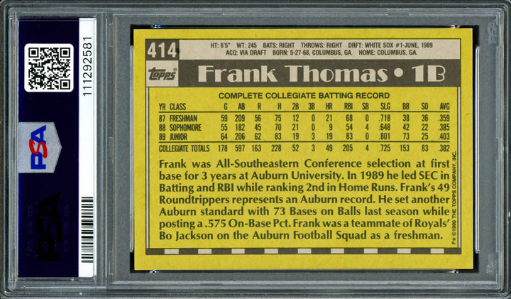 Frank Thomas Signed 1990 Topps RC 414 Chicago White Sox PSA 8 Auto GM 10 PSA/DNA