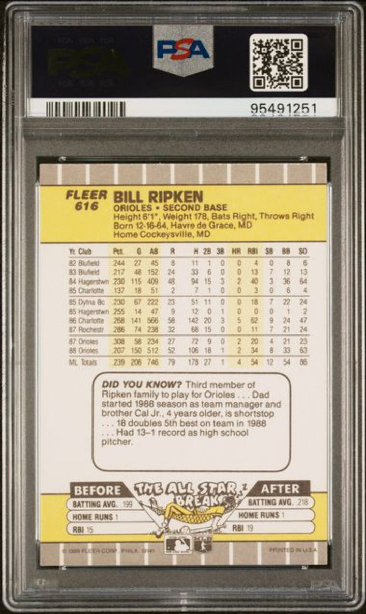 Graded 1989 Fleer Bill Ripken #616 FF Error Baseball Card PSA 7 Near Mint