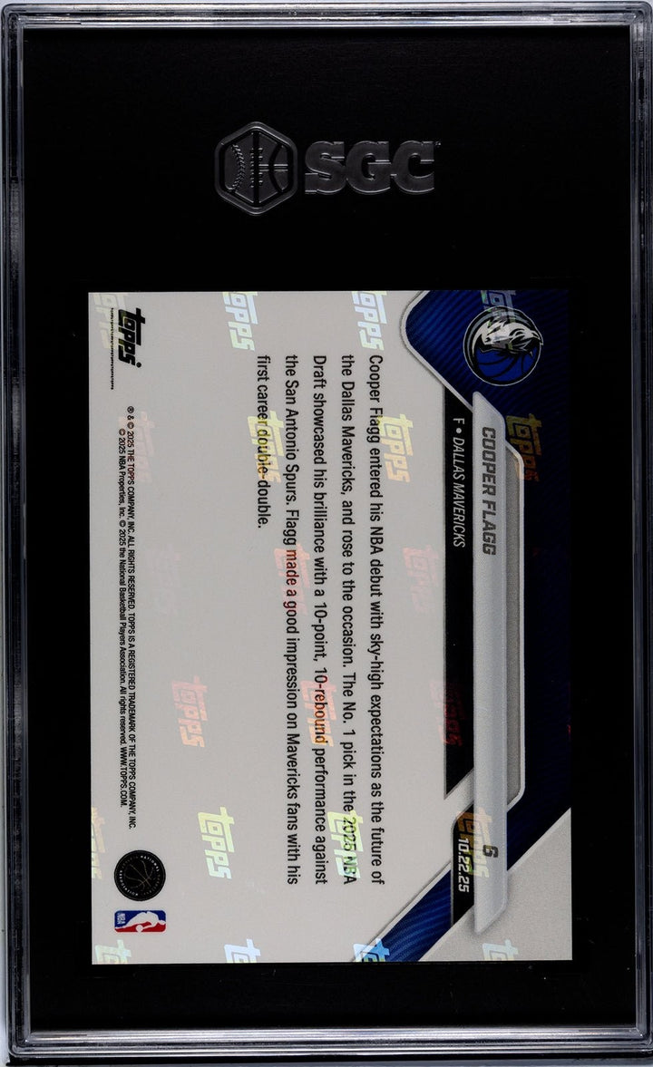 Graded 2025 Topps Now Cooper Flagg #6 Rookie RC Card SGC 10 Gem Mint