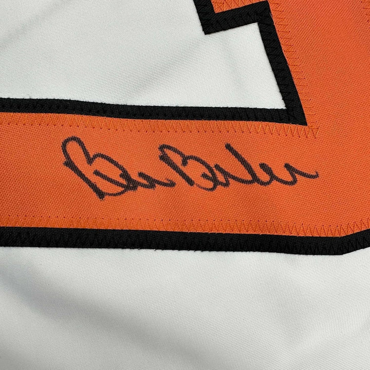 Framed Autographed/Signed Bill Barber 35x39 White Hockey Jersey BAS COA