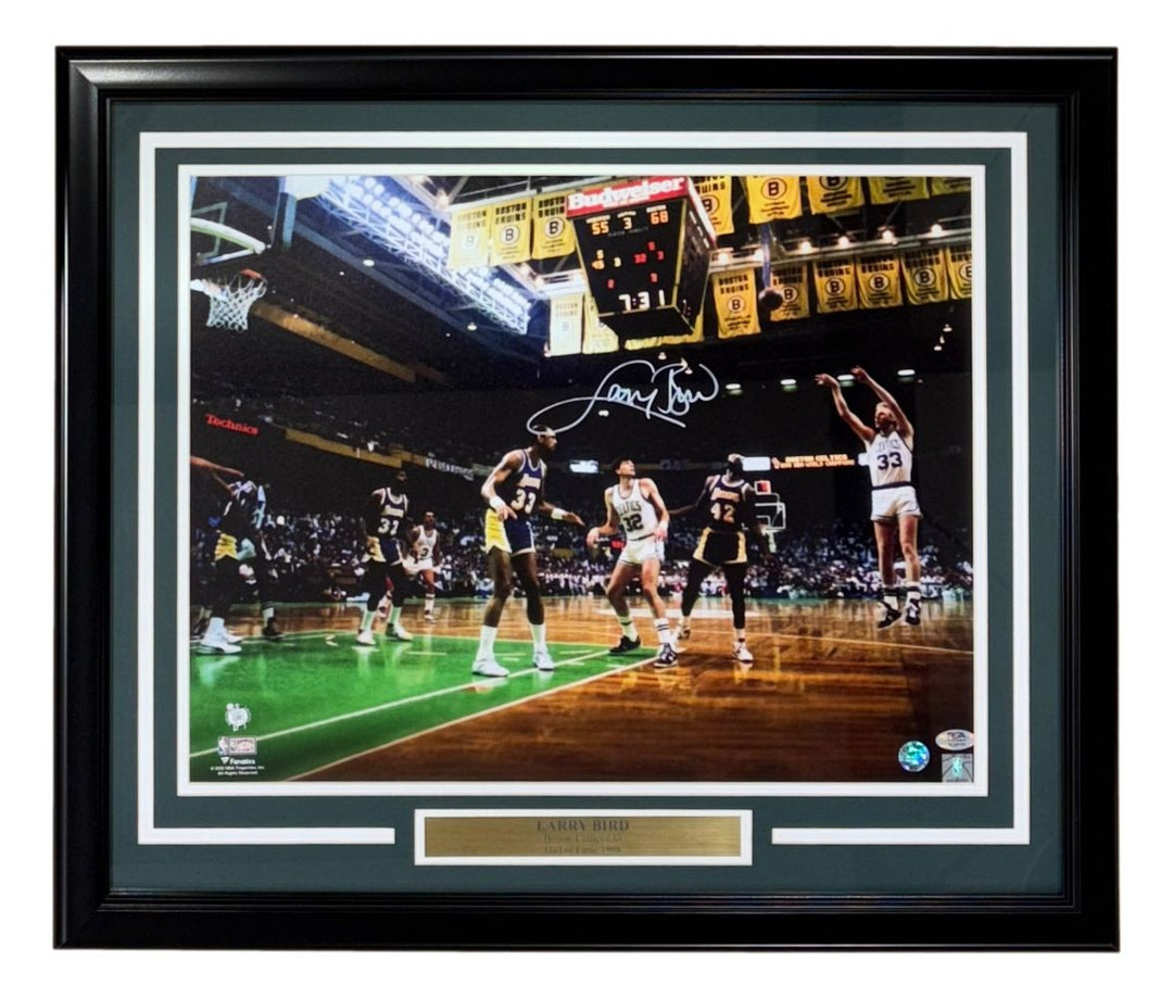 Larry Bird Signed Framed 16x20 Boston Celtics vs Lakers Photo 2 Bird+PSA/DNA