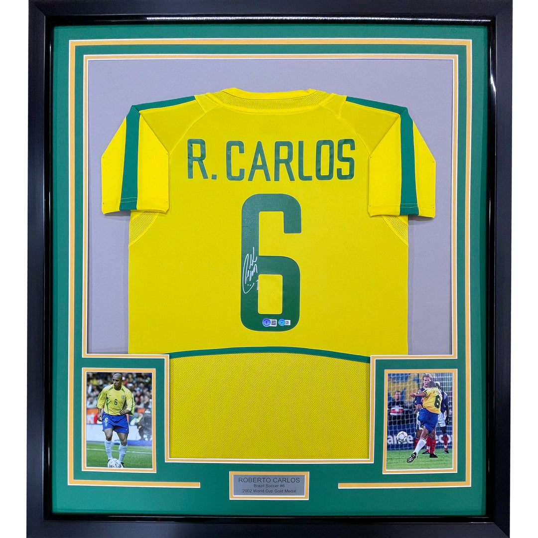 Framed Autographed/Signed Roberto Carlos 33x42 Brazil Yellow Jersey BAS COA