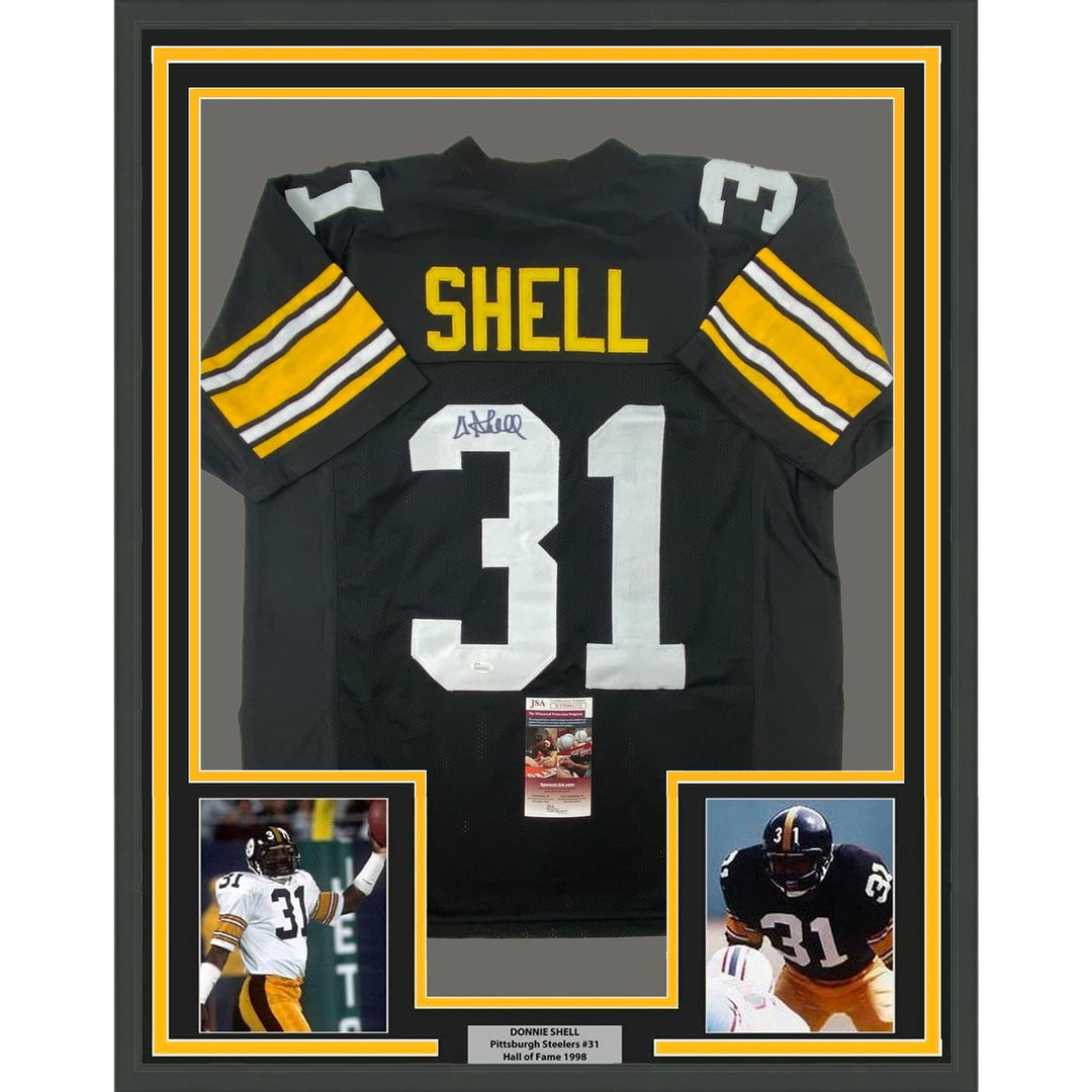 Framed Signed Donnie Shell 35x39 Pittsburgh Black Jersey JSA COA