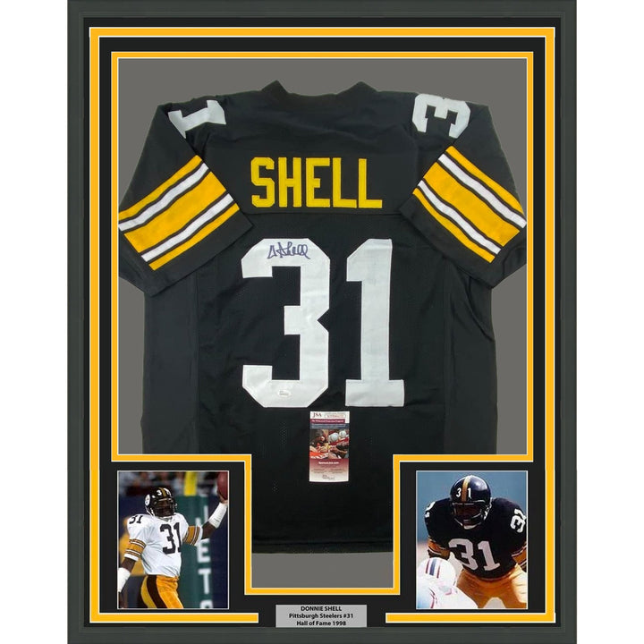 Framed Signed Donnie Shell 35x39 Pittsburgh Black Jersey JSA COA