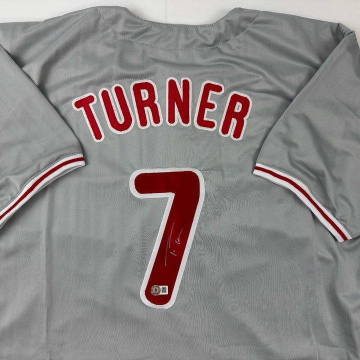 Autographed/Signed Trea Turner Philadelphia Grey Jersey Beckett BAS COA