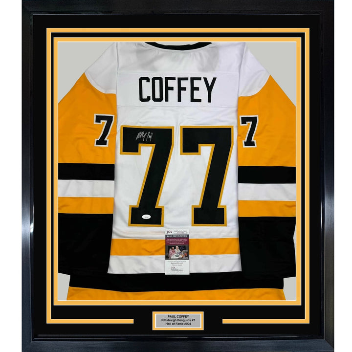 Framed Autographed/Signed Paul Coffey 35x39 Pittsburgh White Jersey JSA COA