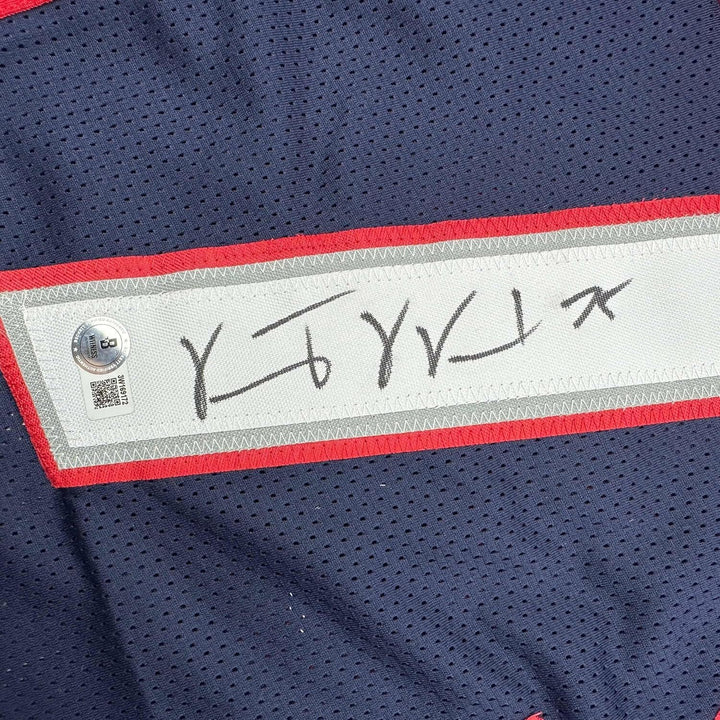 Framed Autographed/Signed Vince Wilfork 35x39 New England Jersey Beckett BAS COA
