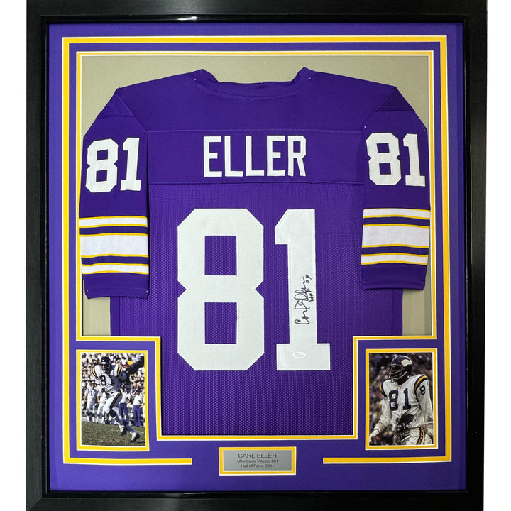 Framed Autographed/Signed Carl Eller HOF 35x39 Minnesota Purple Jersey JSA COA
