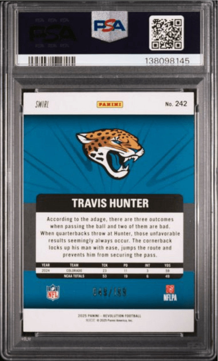 Graded 2025 Panini Revolution Travis Hunter #242 Green Swirl /199 RC Card PSA 10