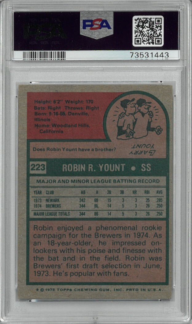 Robin Yount 1975 Topps Baseball Rookie Card (RC) #223- PSA Graded 5 EX