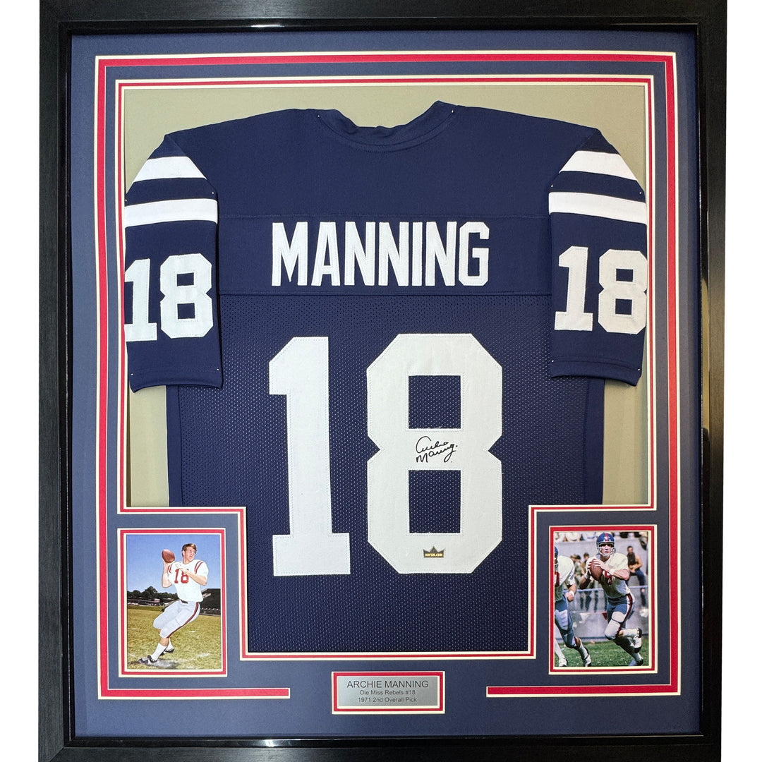 Framed Facsimile Autographed Archie Manning 33x42 Blue Reprint Laser Auto Jersey