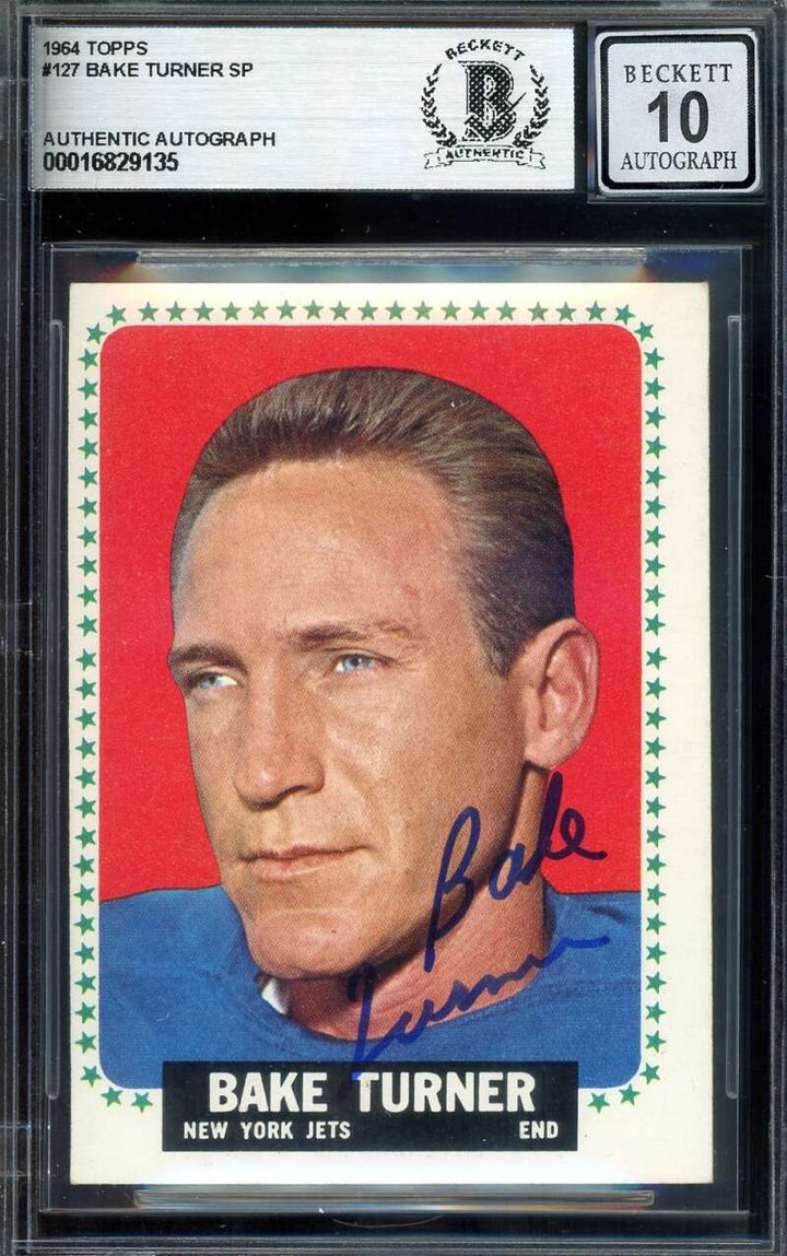 Bake Turner Gem Mint 10 Beckett BAS Signed Jets 1964 Topps Rookie Autograph