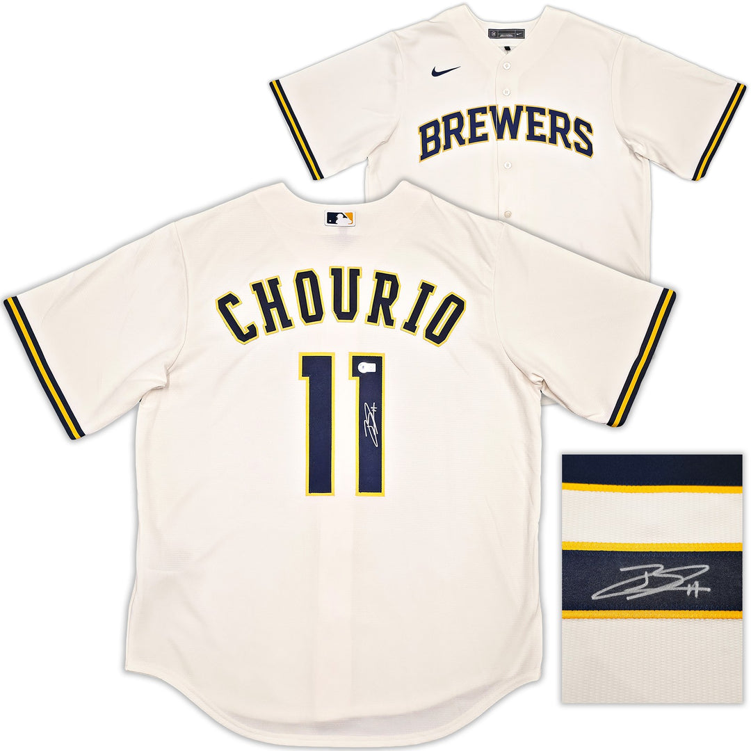 Milwaukee Brewers Jackson Chourio Signed Cream Nike Jersey Size XL Beckett