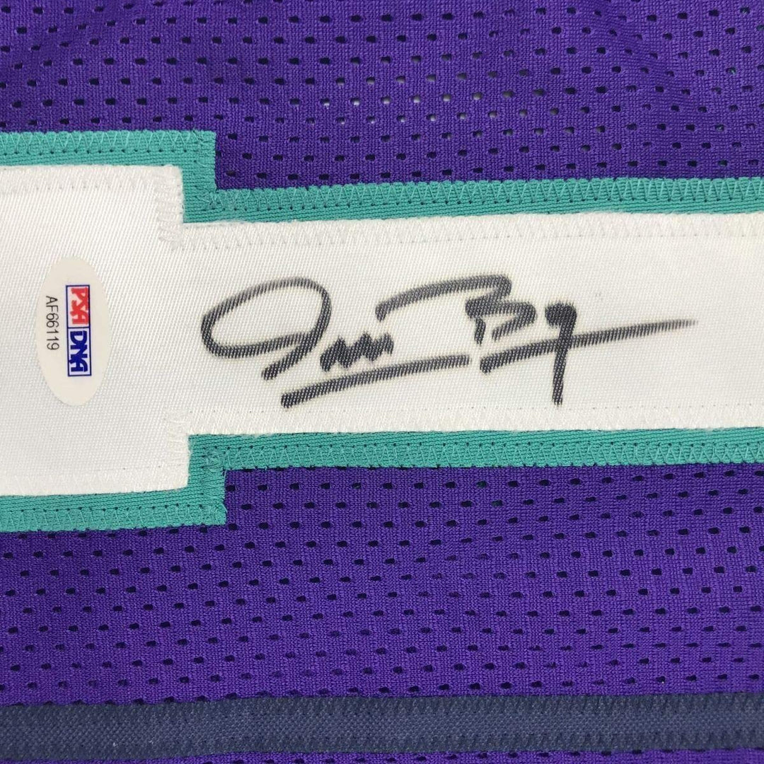 FRAMED Autographed/Signed MUGGSY BOGUES 33x42 Charlotte Purple Jersey PSA COA