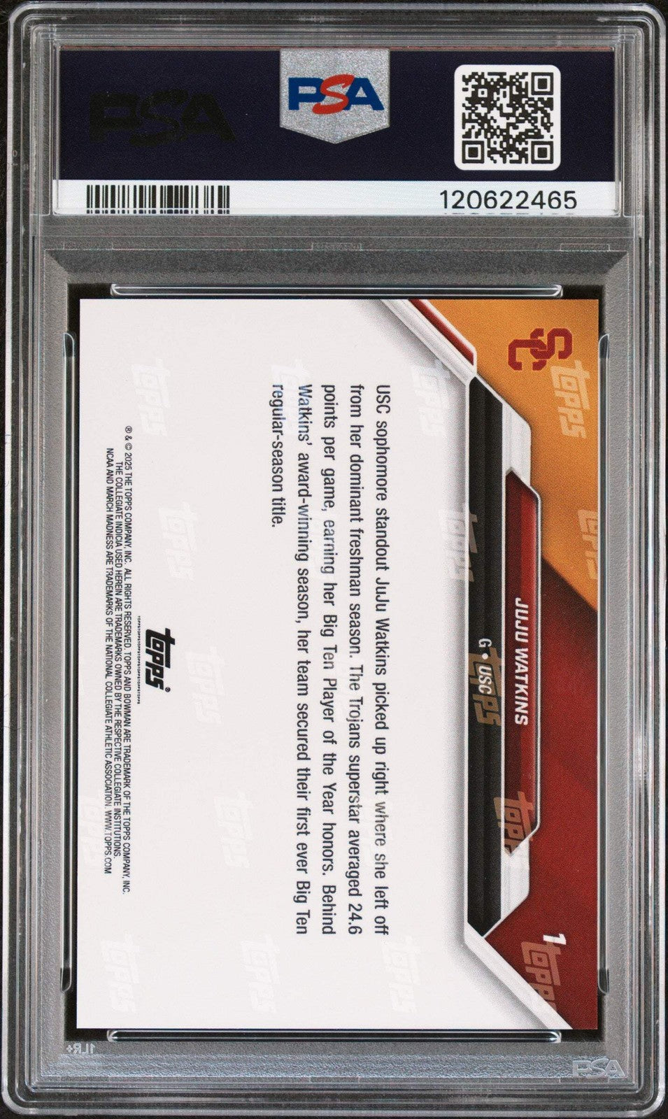 Graded 2025 Bowman U Now JuJu Watkins #1 March Madness RC Basketball Card PSA 10