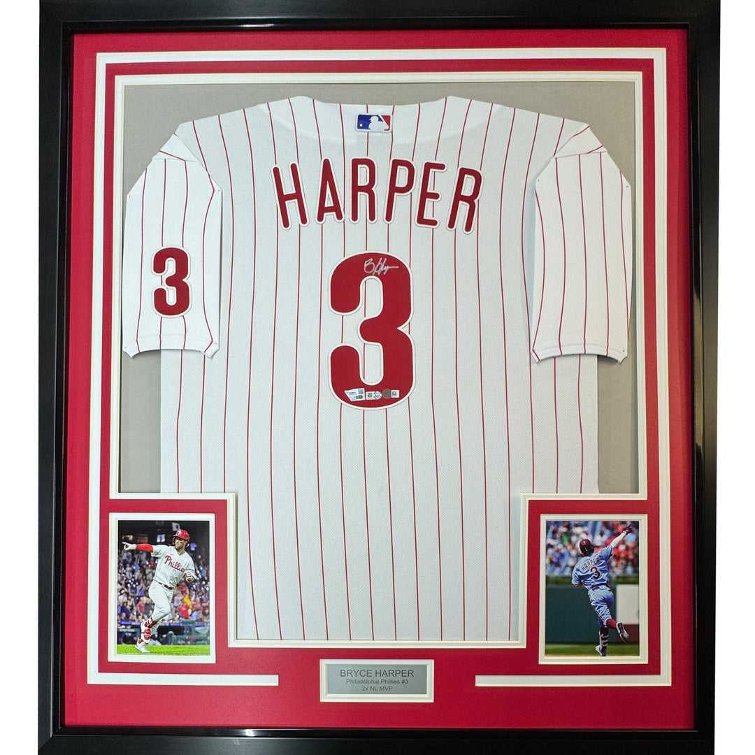 Framed Signed Bryce Harper 35x39 Phillies Jersey Fanatics & MLB COA