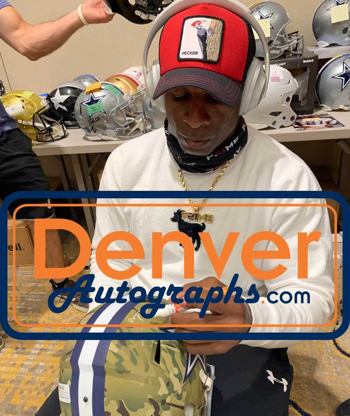 Deion Sanders Autographed Dallas Cowboys F/S Camo Speed Helmet BAS 31357