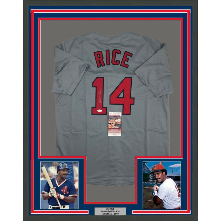 FRAMED Autographed/Signed JIM RICE 33x42 Boston Grey Jersey JSA COA
