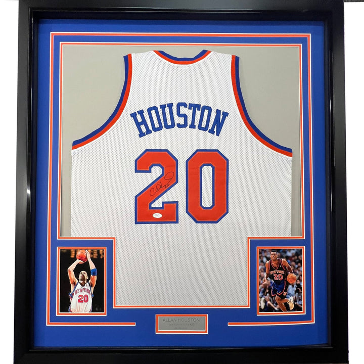 Framed Autographed/Signed Allan Houston 33x42 New York White Jersey PSA COA