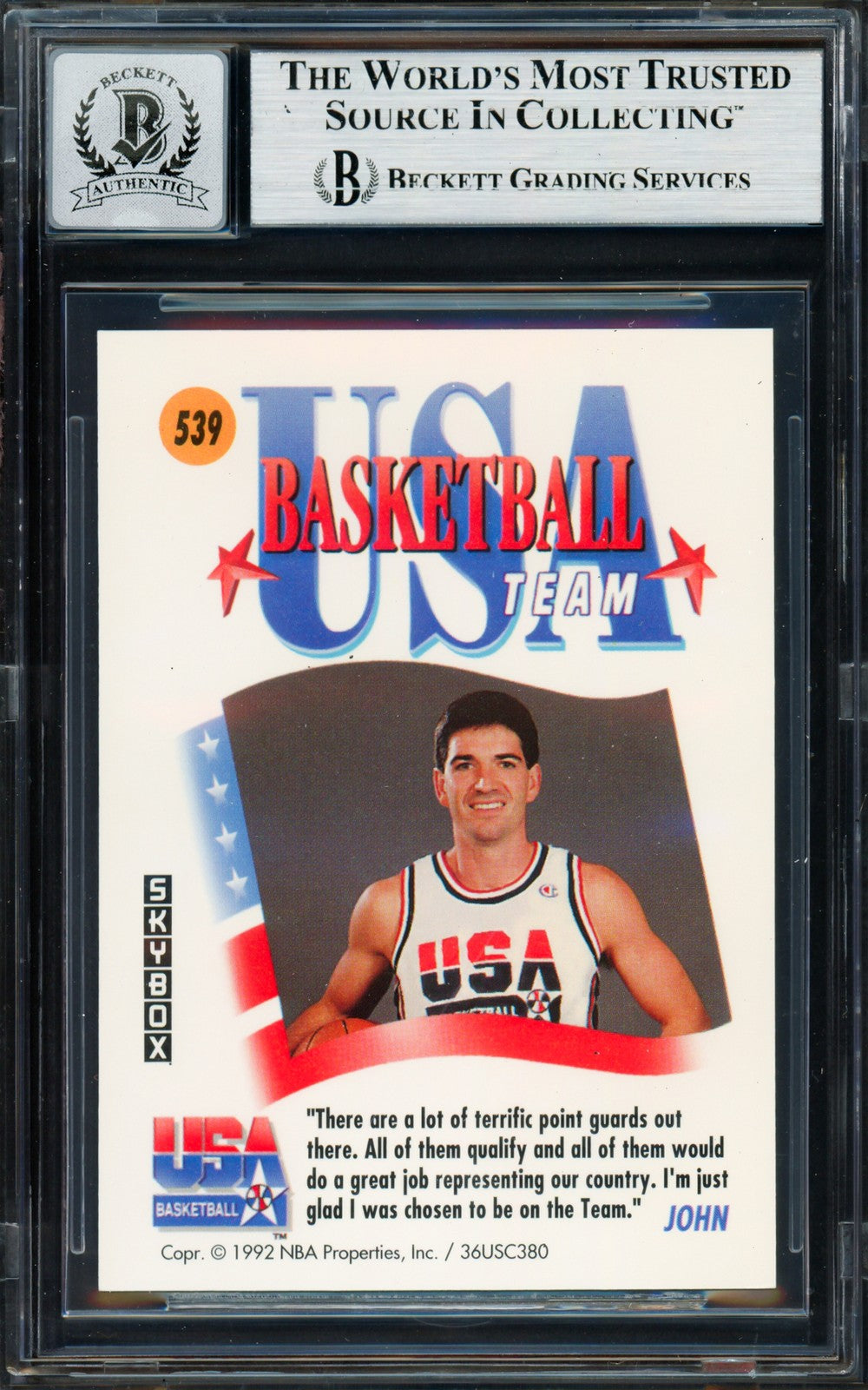 John Stockton Auto 1991-92 Skybox Card 539 1992 USA Dream Team Sig GM 10 Beckett