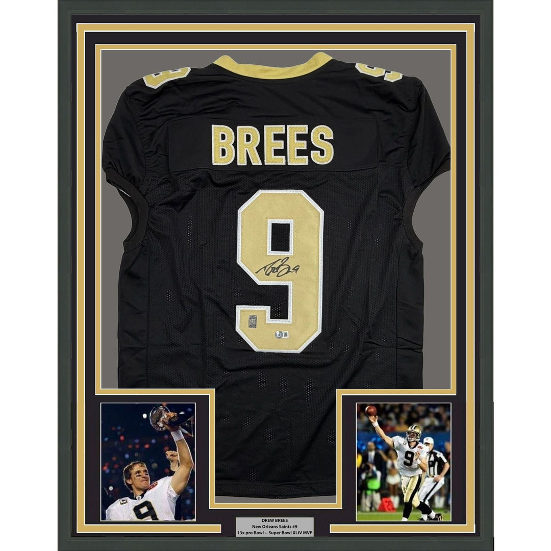 Framed Autographed/Signed Drew Brees 35x39 New Orleans Black Jersey BAS COA