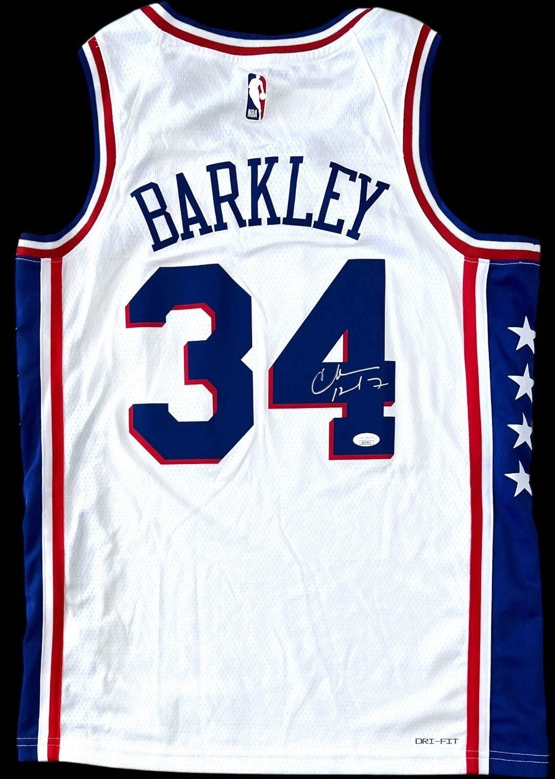 CHARLES BARKLEY SIGNED PHILADELPHIA 76ERS BASKETBALL JERSEY TEAM USA SUNS JSA !