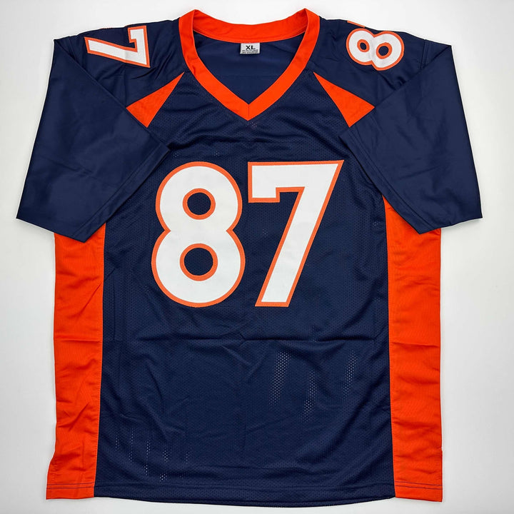 Autographed/Signed Ed McCaffrey 2x SB Champs Denver Blue Jersey Beckett BAS COA