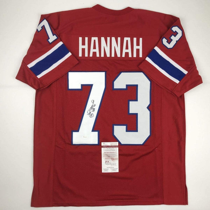 Autographed/Signed John Hannah HOF 91 New England Red Jersey JSA COA