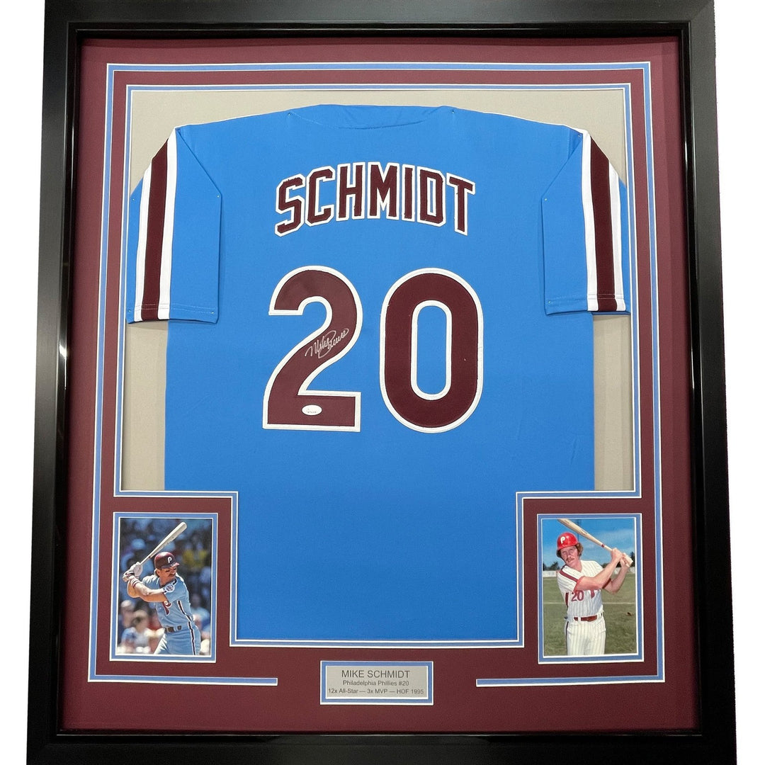 FRAMED Signed MIKE SCHMIDT 35x39 Philadelphia Blue Jersey JSA COA