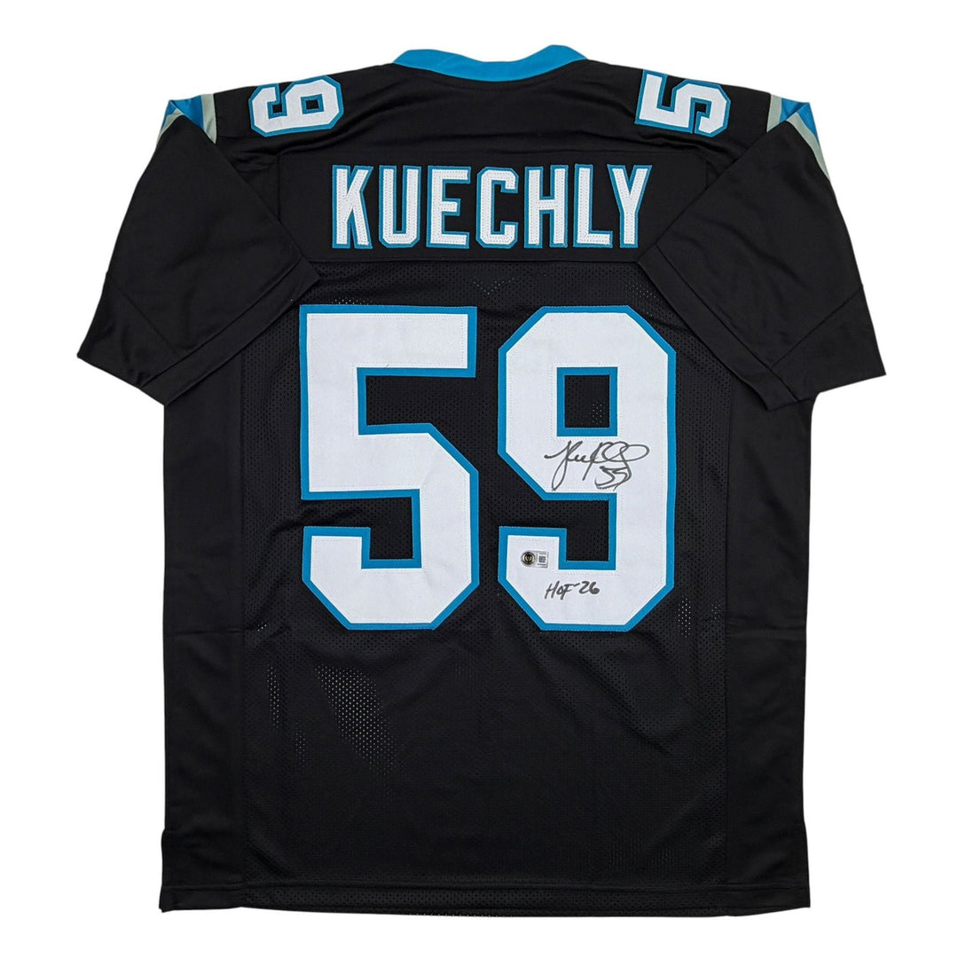 Autographed/Signed Luke Kuechly HOF Carolina Black Jersey Beckett BAS COA