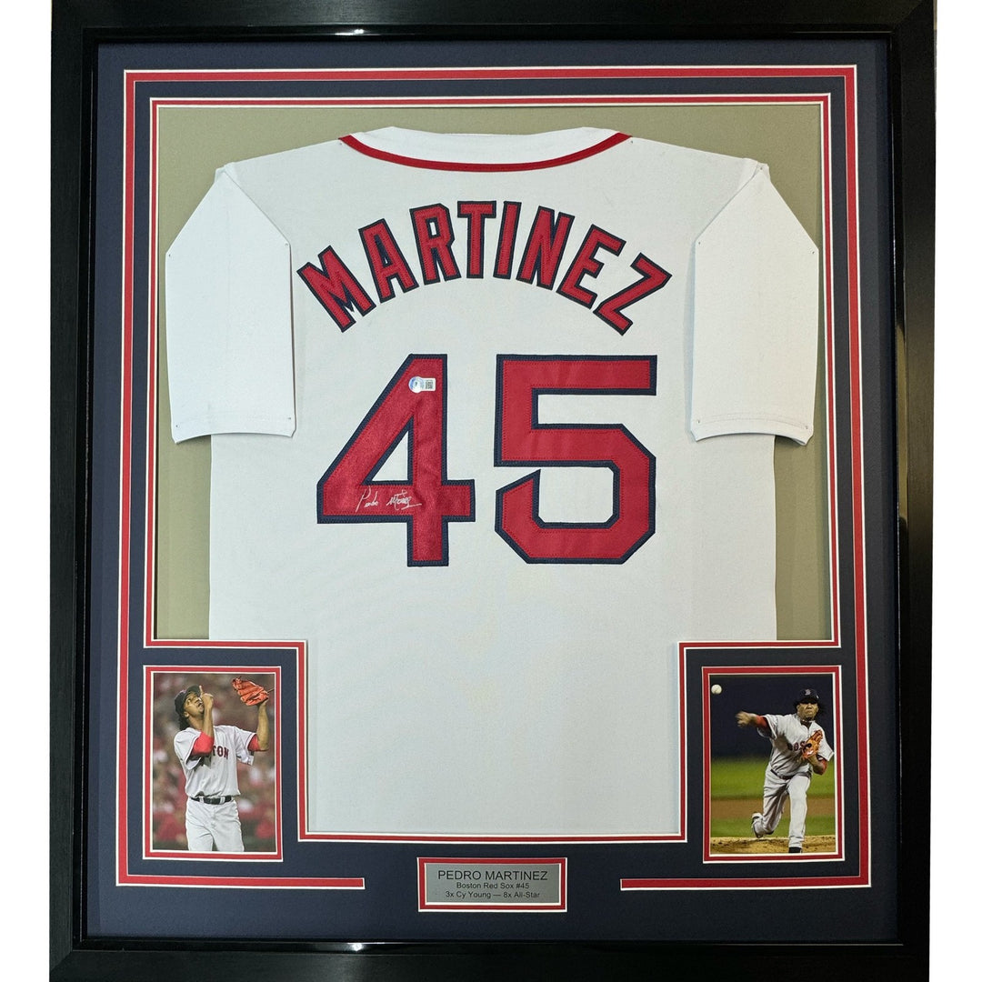 Framed Autographed/Signed Pedro Martinez 35x39 Boston White Jersey JSA COA