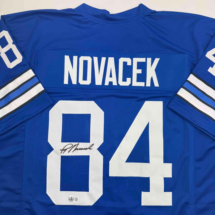 Autographed/Signed Jay Novacek Dallas Blue Football Jersey Beckett BAS COA