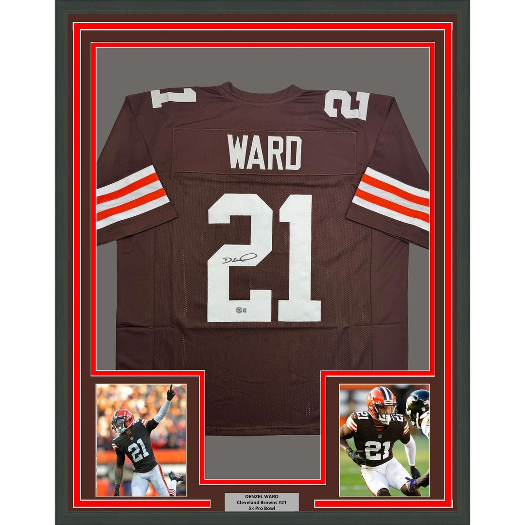 Framed Autographed/Signed Denzel Ward 35x39 Cleveland Brown Jersey BAS COA