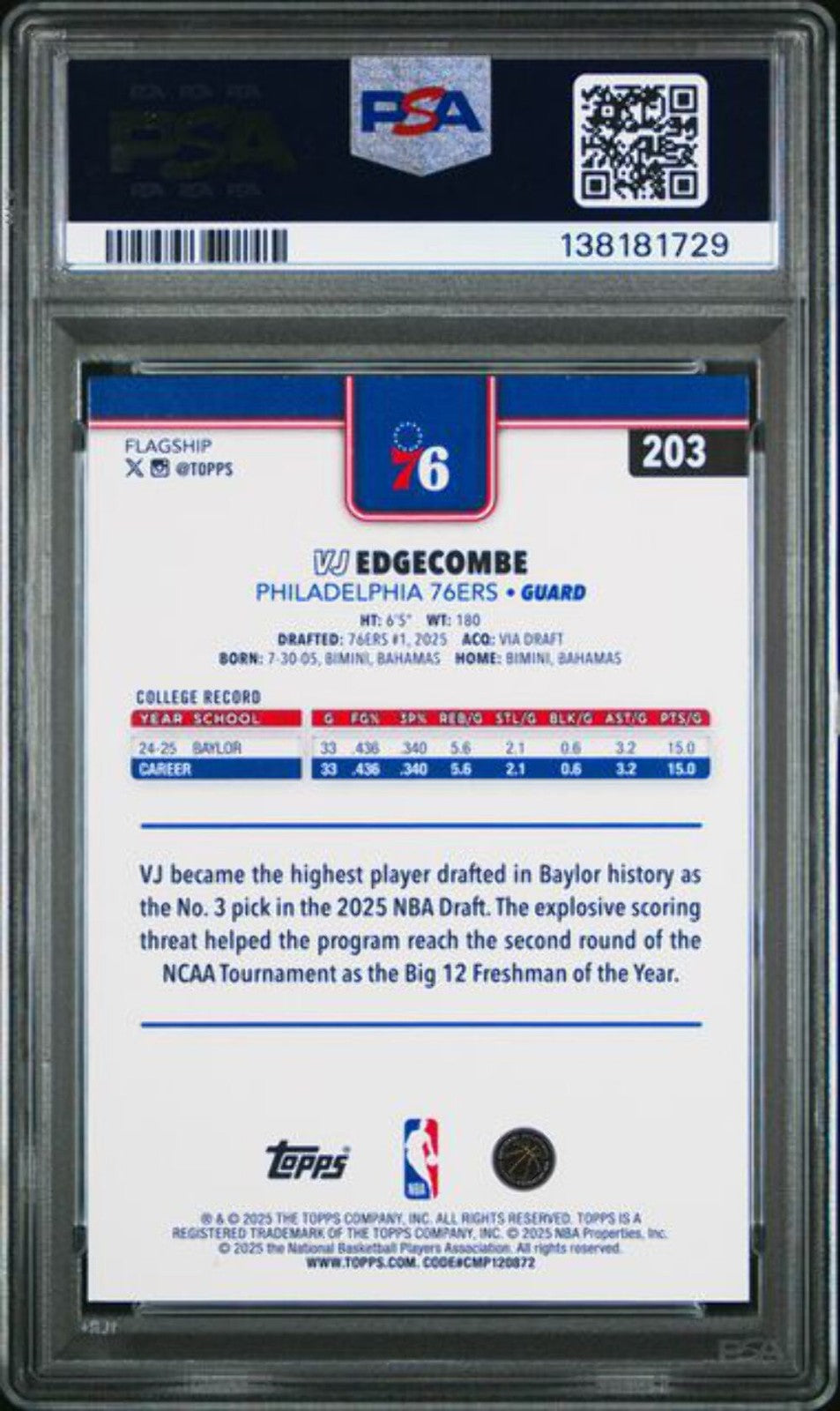 Graded 2025 Topps VJ Edgecombe #203 Rookie RC Basketball Card PSA 10 Gem Mint