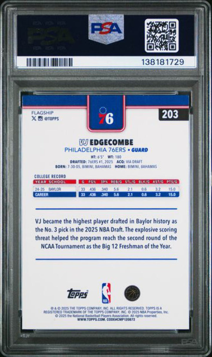 Graded 2025 Topps VJ Edgecombe #203 Rookie RC Basketball Card PSA 10 Gem Mint