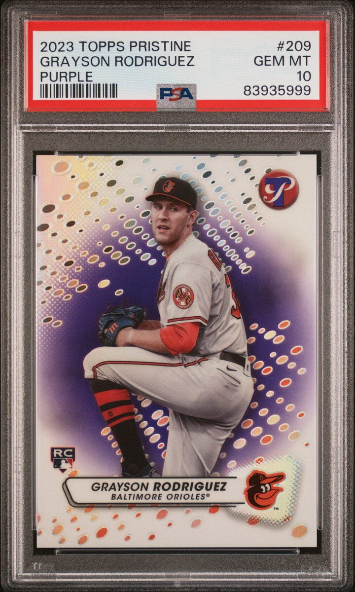 Graded 2023 Pristine Grayson Rodriguez #209 Purple #/99 RC Baseball Card PSA 10