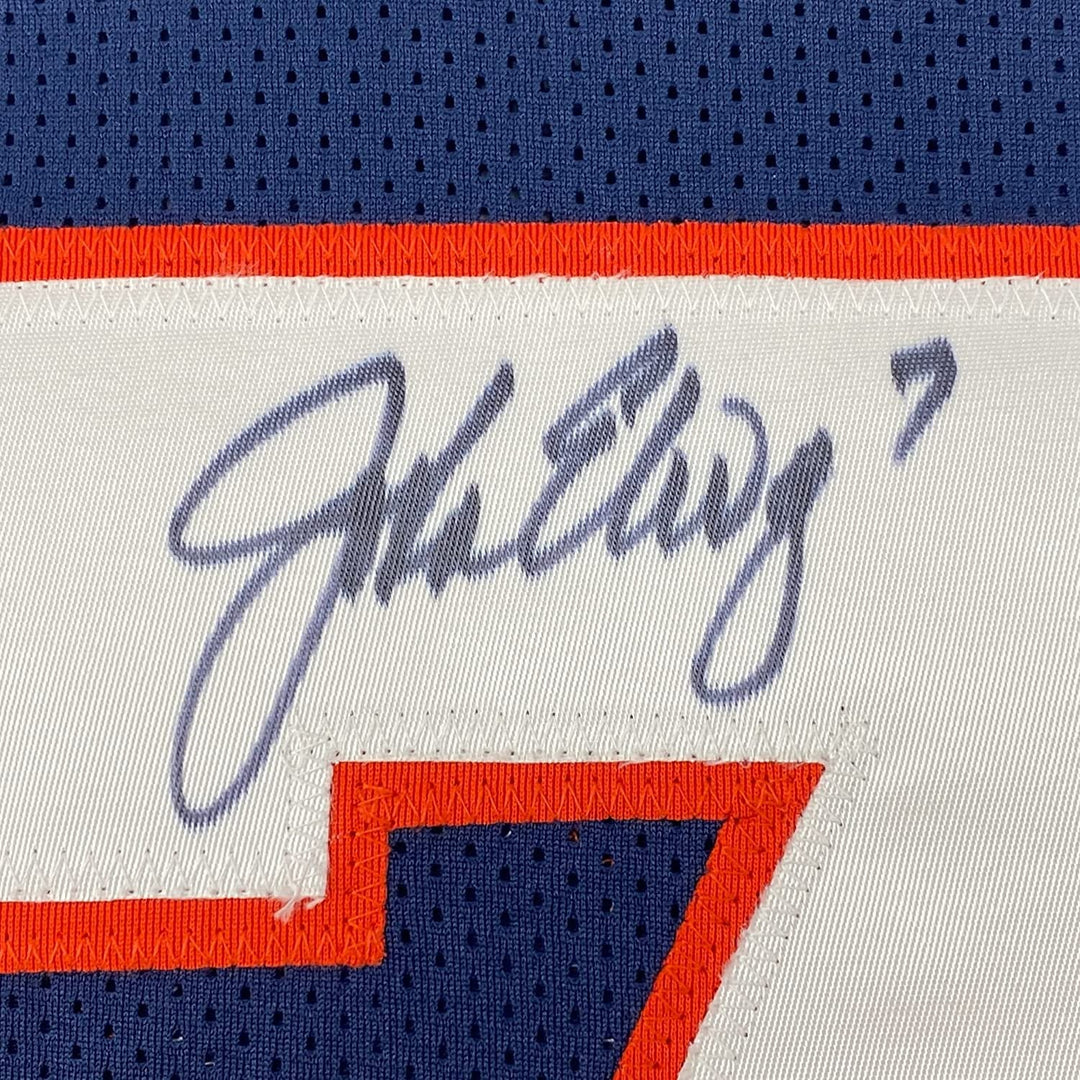 Framed Autographed/Signed John Elway 35x39 Denver Blue Jersey JSA COA