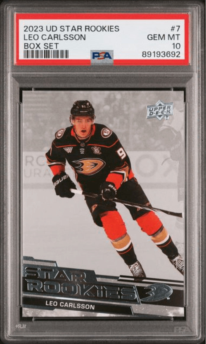 Graded 2023 UD Star Rookies Leo Carlsson #7 Box Set RC Hockey Card PSA 10