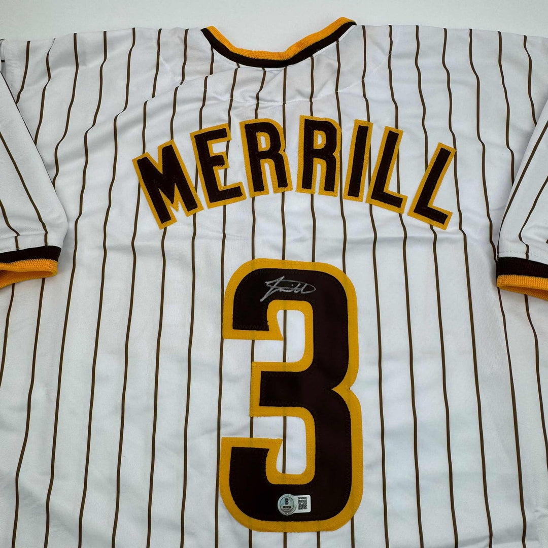 Autographed/Signed Jackson Merrill San Diego Pinstripe Jersey BAS COA
