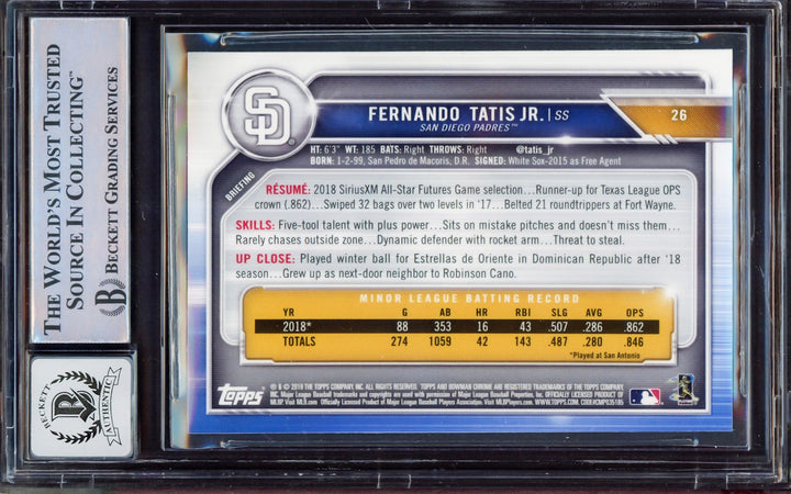 Fernando Tatis Jr. Signed 2019 Bowman Chrome RC 26 Padres BGS 8.5 Sig 10 Beckett