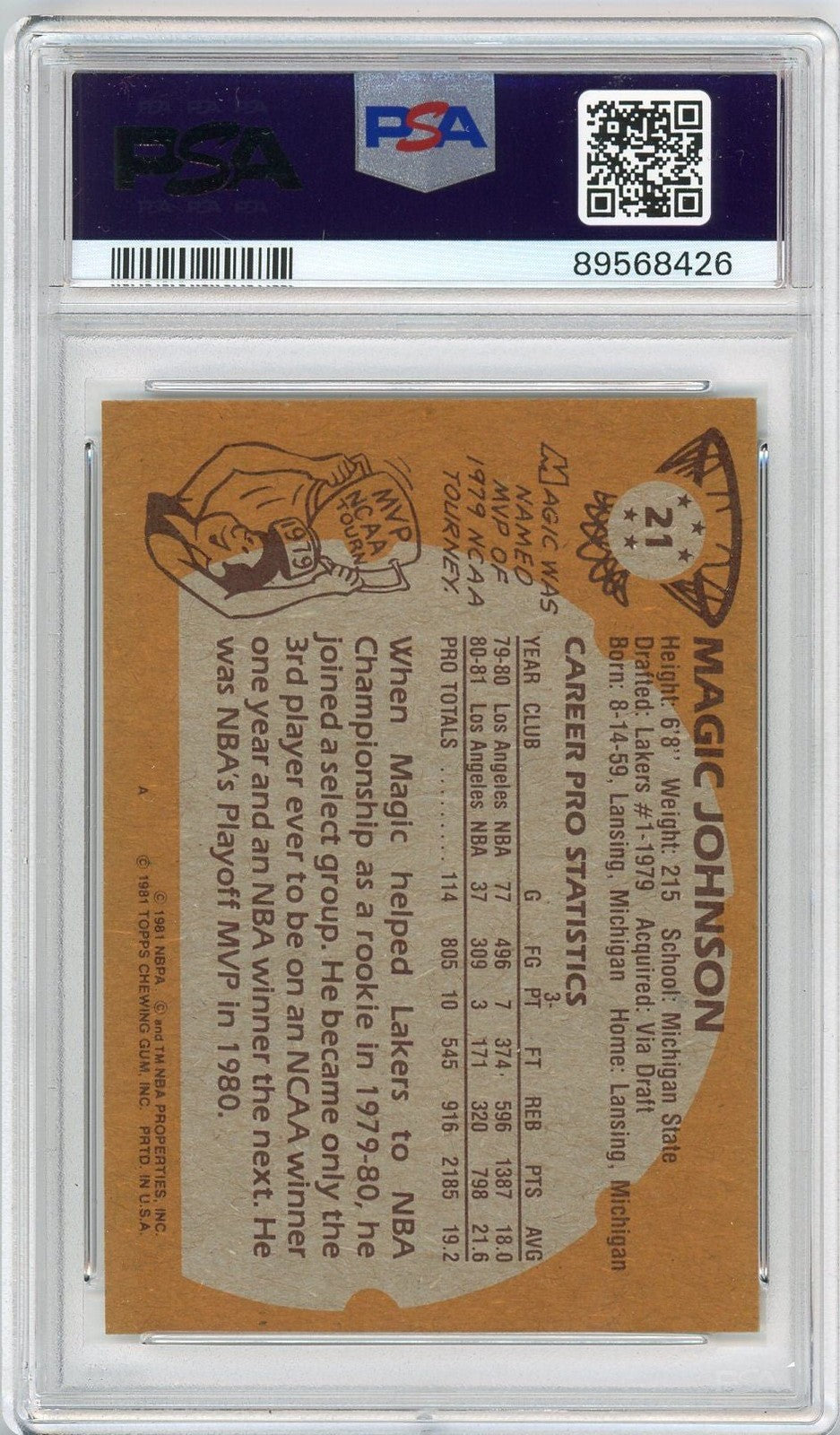 Graded 1981 Topps Magic Johnson #21 2nd Year Card PSA 7 Near Mint