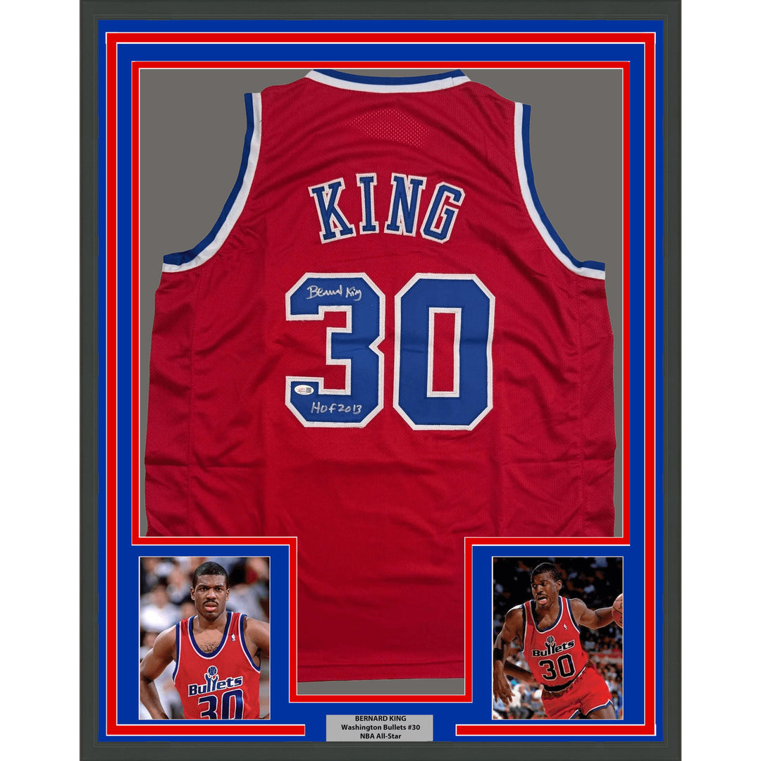 Framed Autographed/Signed Bernard King 35x39 Washington Red Jersey JSA COA
