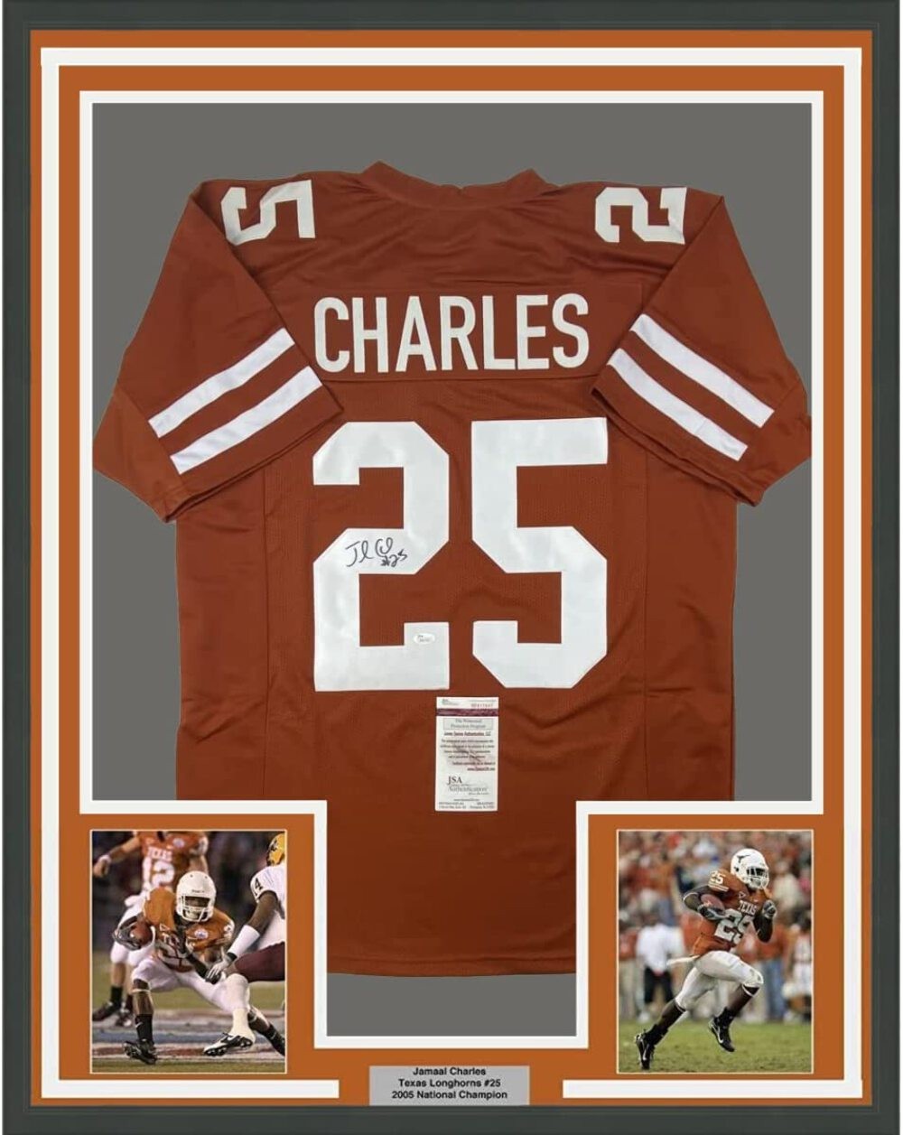 FRAMED Autographed/Signed JAMAAL CHARLES 33x42 Texas Orange College Football Jer
