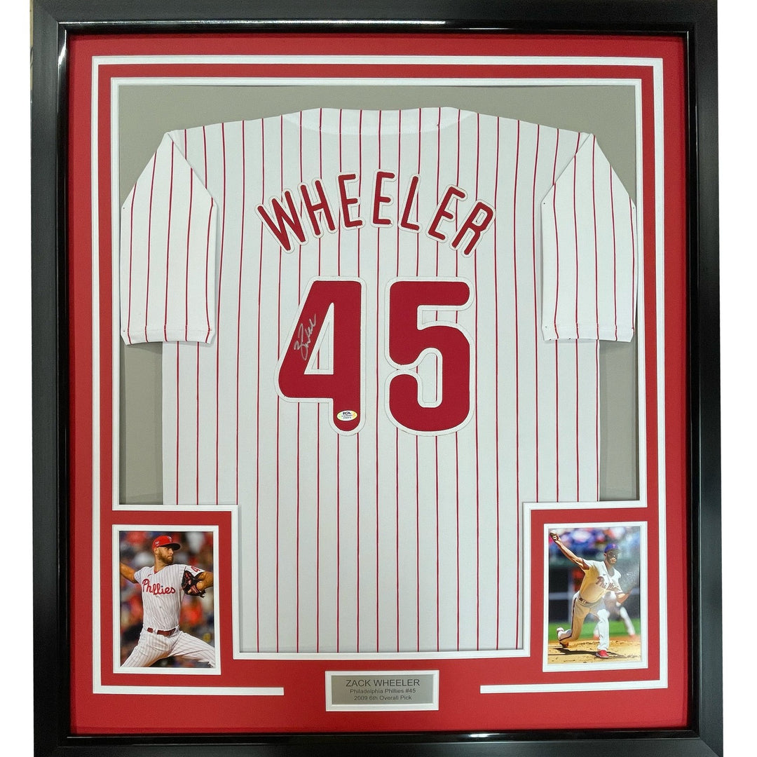 Framed Autographed/Signed Zack Wheeler 33x42 Pinstripe Jersey PSA/DNA COA