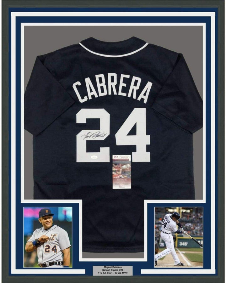 FRAMED Autographed/Signed MIGUEL CABRERA 33x42 Detroit Blue Jersey JSA COA Auto